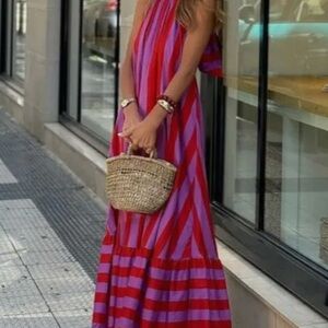 Halter-neck backless striped maxi dress